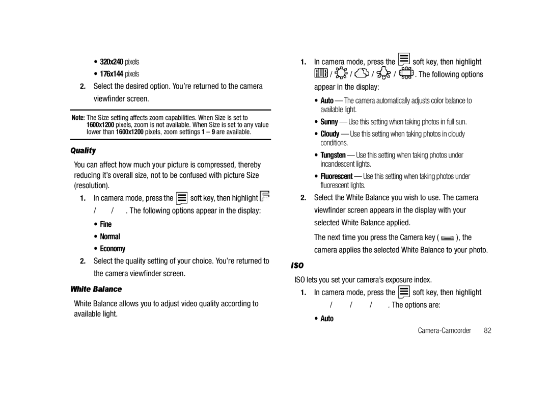 Samsung GH68-23718A user manual 320x240 pixels 176x144 pixels, Quality, Fine Normal Economy, White Balance, Auto 