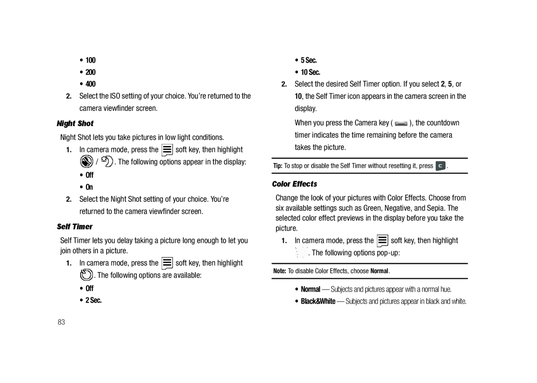 Samsung GH68-23718A user manual Night Shot, Self Timer, Color Effects 