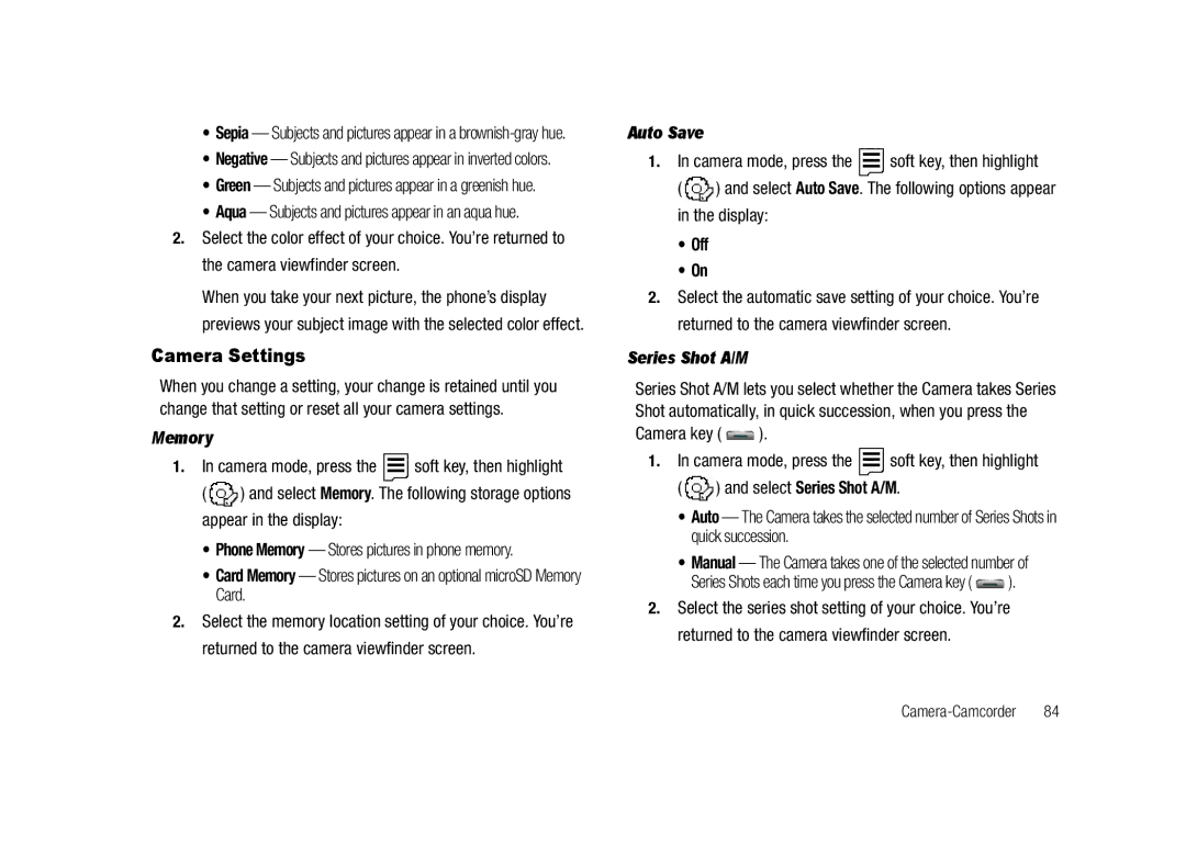 Samsung GH68-23718A user manual Camera Settings, Memory, Auto Save, Series Shot A/M, Camera key 