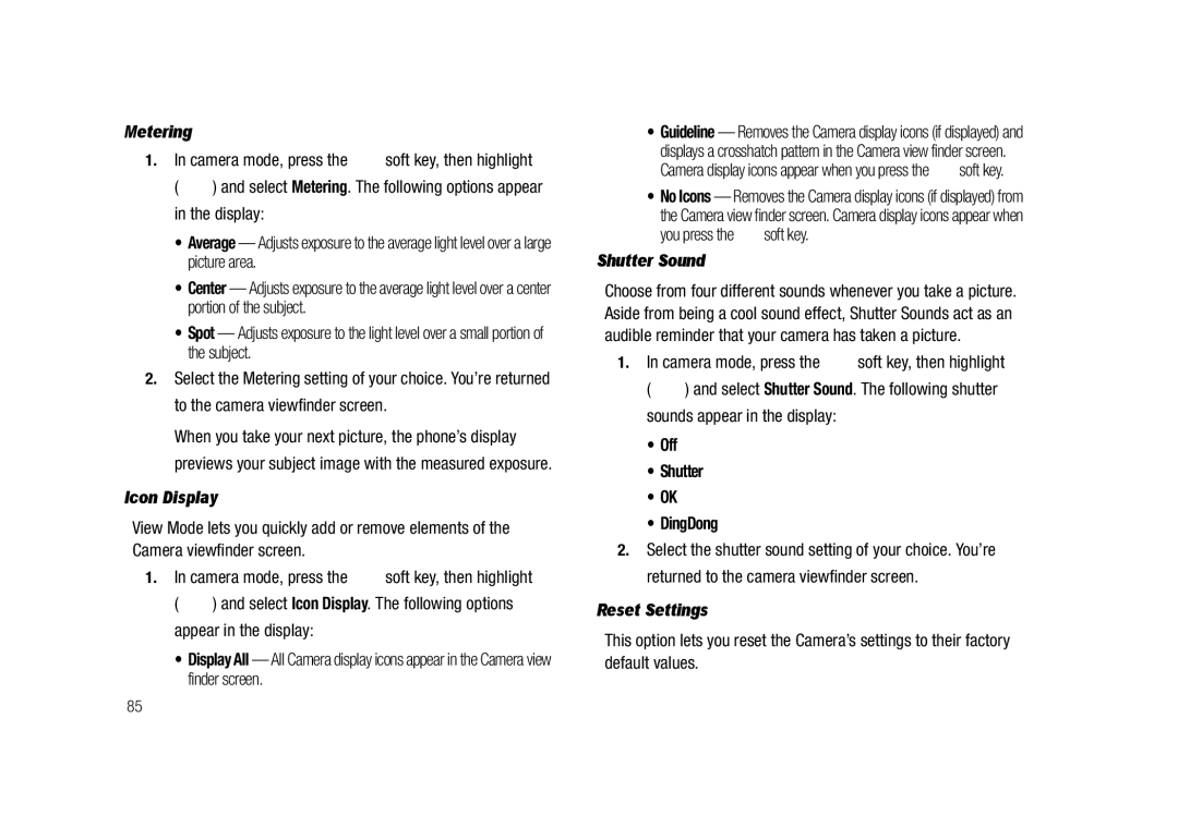 Samsung GH68-23718A user manual Metering, Icon Display, Shutter Sound, Off Shutter DingDong, Reset Settings 