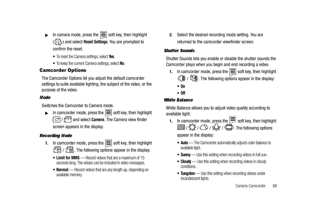 Samsung GH68-23718A user manual Camcorder Options, Switches the Camcorder to Camera mode, Recording Mode, Shutter Sounds 