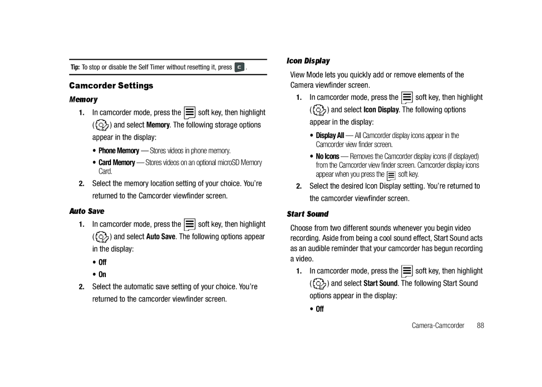 Samsung GH68-23718A user manual Camcorder Settings, Appear when you press the soft key, Start Sound, Video 