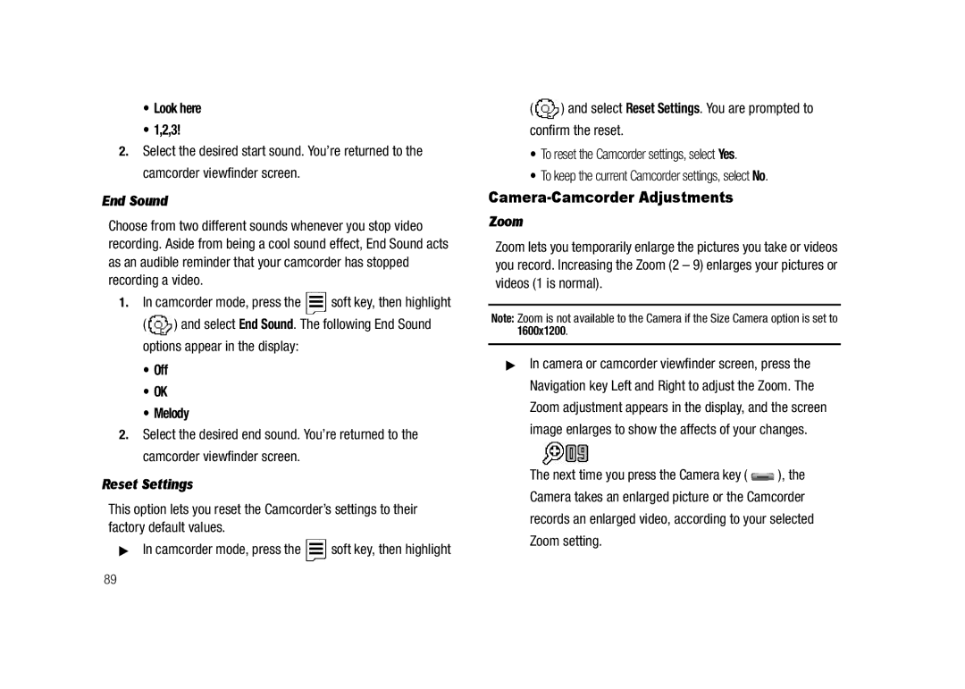 Samsung GH68-23718A user manual Camera-Camcorder Adjustments Zoom, Look here, End Sound, Off Melody 