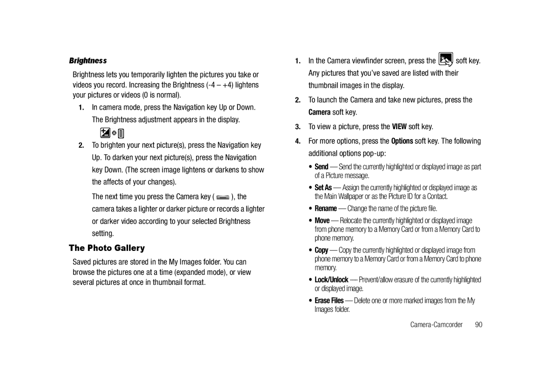 Samsung GH68-23718A user manual Photo Gallery, Brightness, Rename Change the name of the picture file 