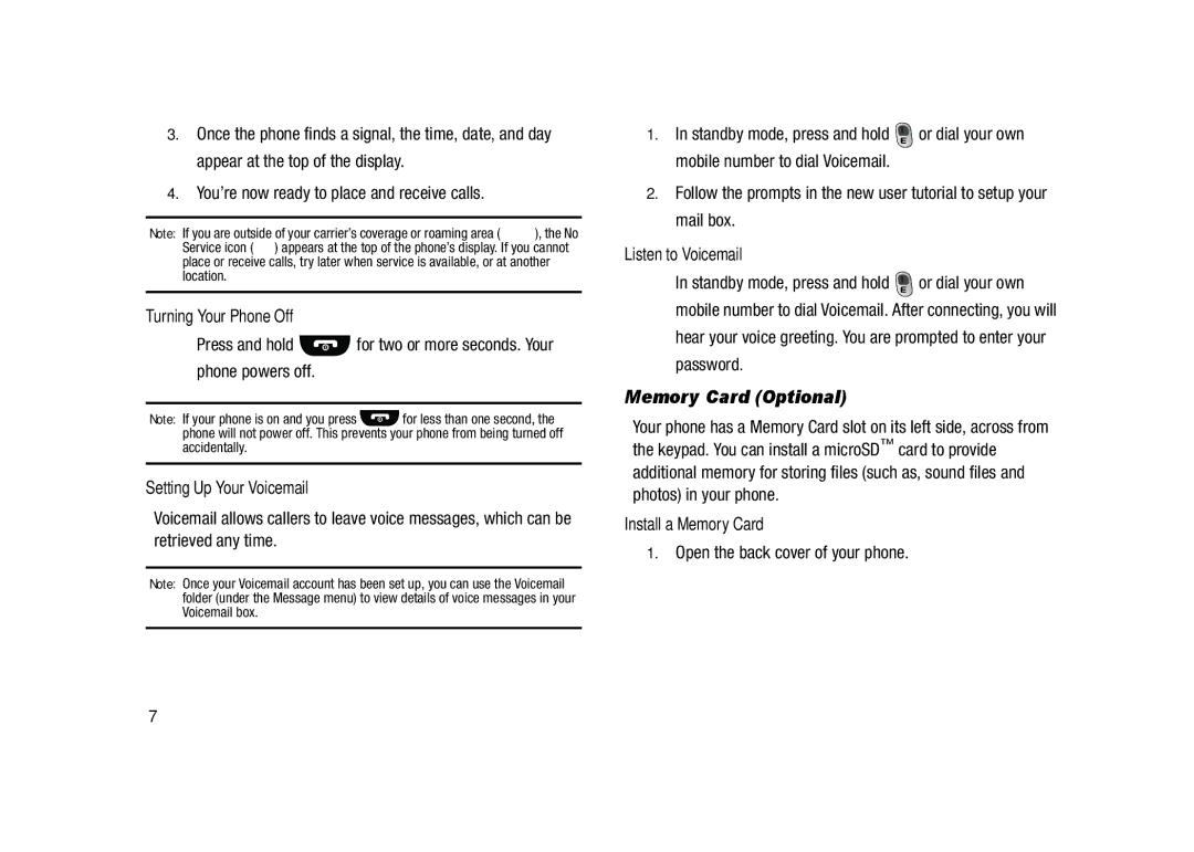 Samsung GH68-23902A Memory Card Optional, Turning Your Phone Off, Setting Up Your Voicemail, Listen to Voicemail 