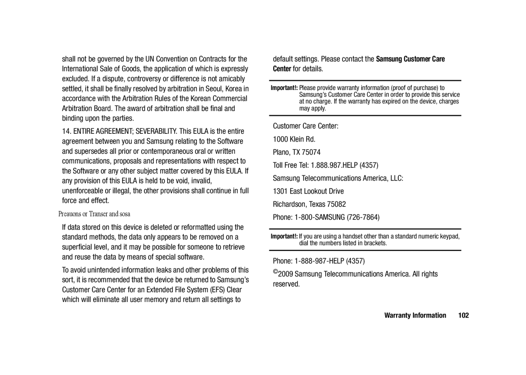 Samsung GH68-23902A user manual Precautions for Transfer and Disposal, Customer Care Center Klein Rd Plano, TX, 102 