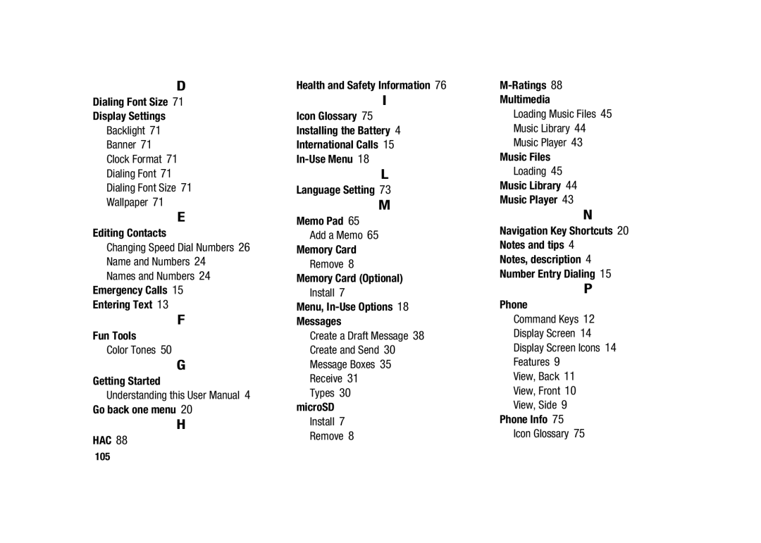 Samsung GH68-23902A Dialing Font Size Display Settings, Editing Contacts, Emergency Calls Entering Text Fun Tools, MicroSD 