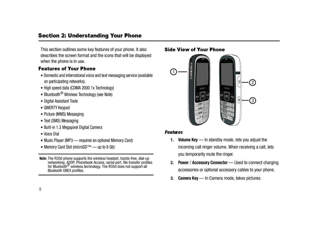 Samsung GH68-23902A user manual Understanding Your Phone, Features of Your Phone, Side View of Your Phone 