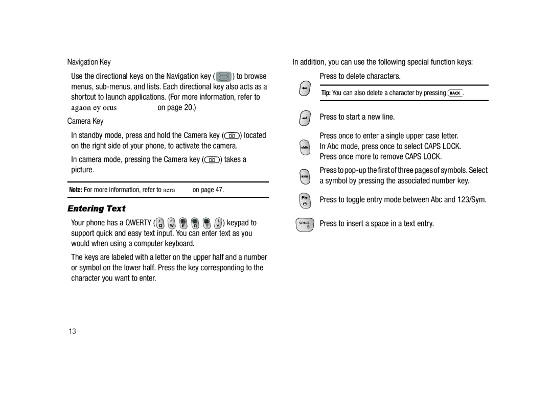 Samsung GH68-23902A user manual Entering Text, Navigation Key, Camera Key 