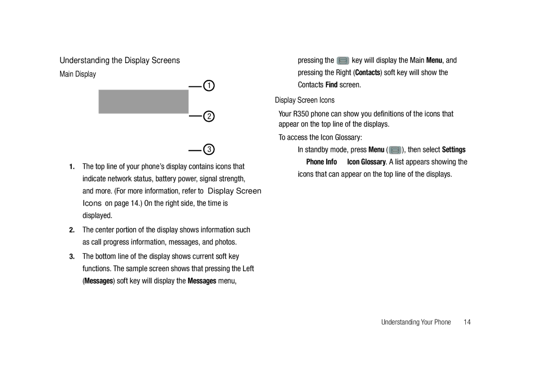 Samsung GH68-23902A user manual Understanding the Display Screens, Main Display, Contacts Find screen, Display Screen Icons 