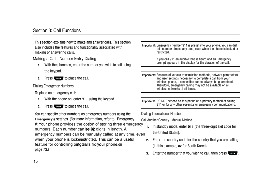 Samsung GH68-23902A user manual Call Functions, Making a Call Number Entry Dialing, Dialing Emergency Numbers 
