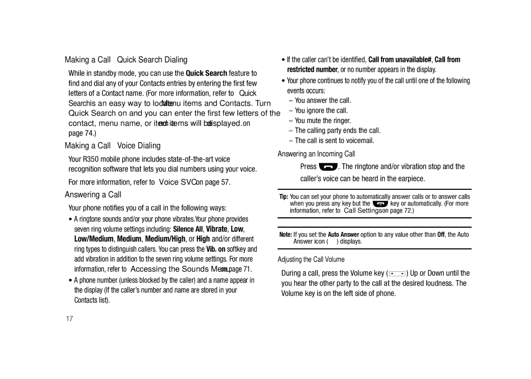 Samsung GH68-23902A user manual Making a Call Quick Search Dialing, Making a Call Voice Dialing, Answering a Call 