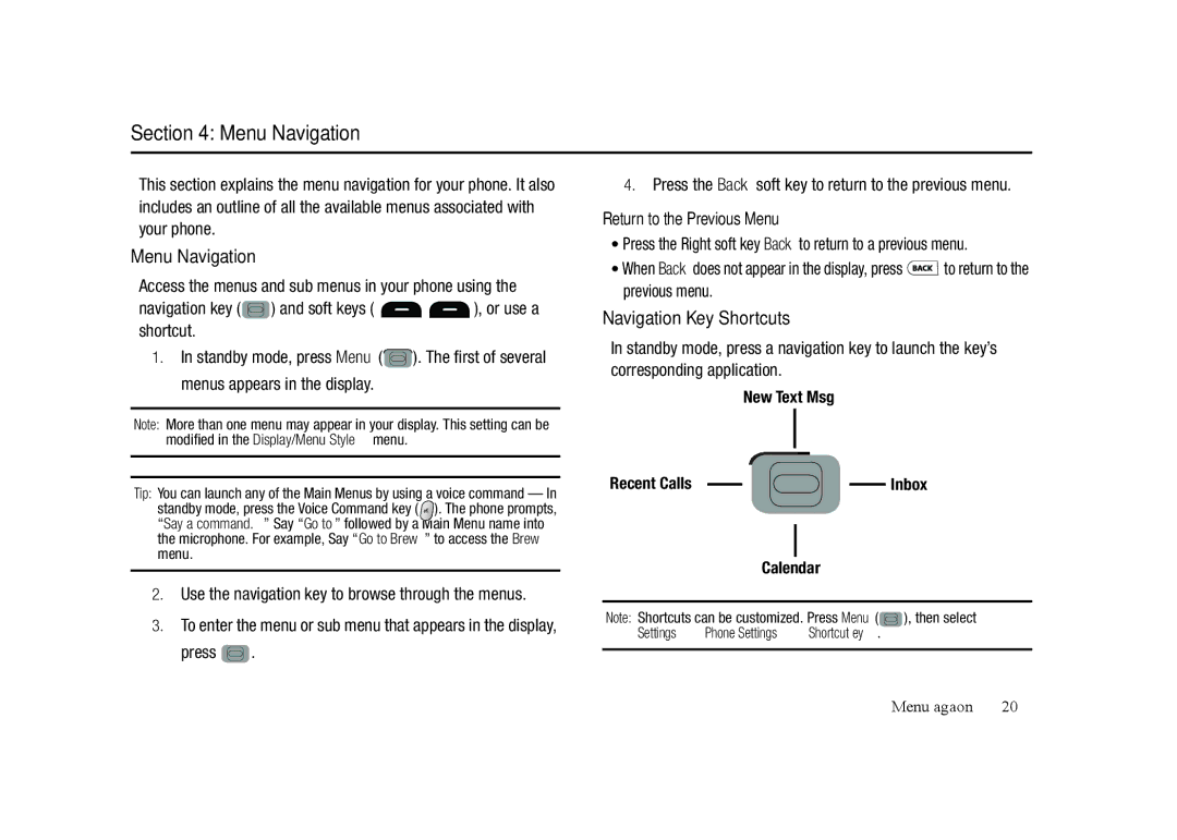 Samsung GH68-23902A user manual Menu Navigation, Navigation Key Shortcuts, Press, Return to the Previous Menu 