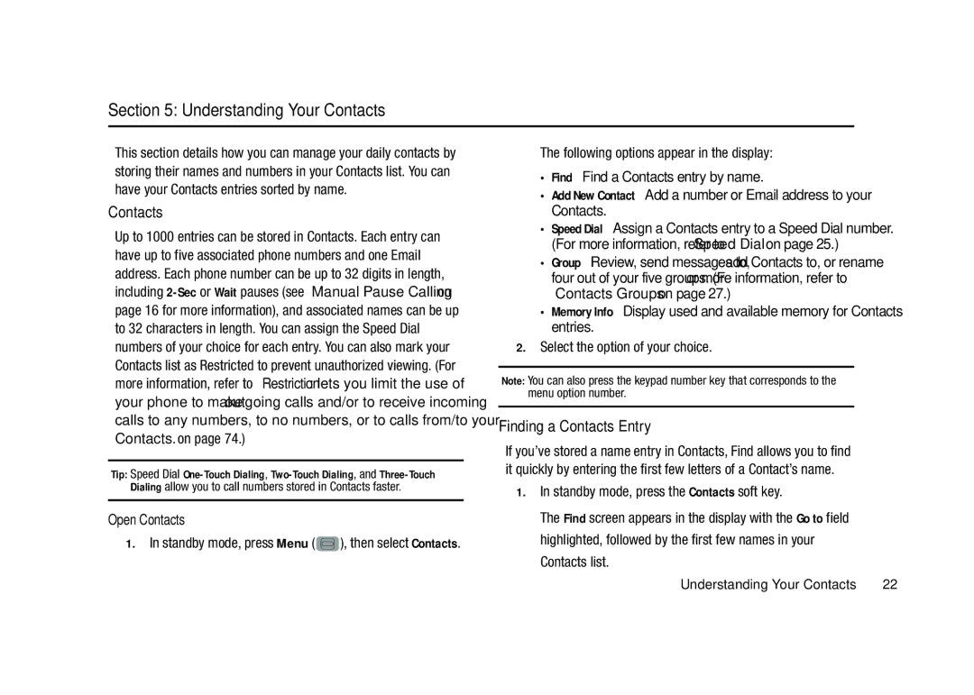 Samsung GH68-23902A user manual Understanding Your Contacts, Finding a Contacts Entry, Open Contacts 