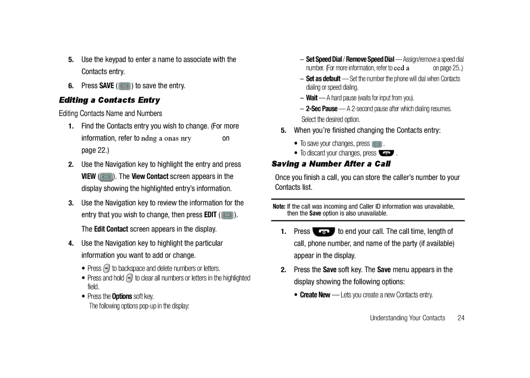 Samsung GH68-23902A user manual Editing a Contacts Entry, Saving a Number After a Call, Editing Contacts Name and Numbers 