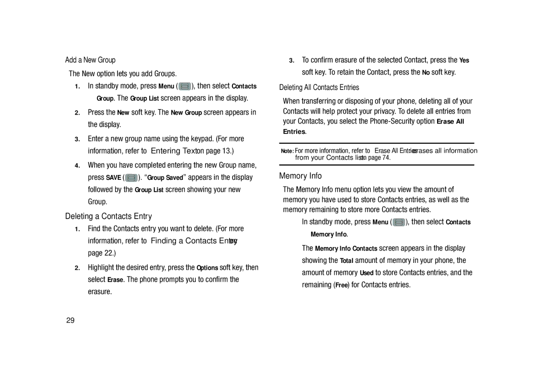Samsung GH68-23902A user manual Deleting a Contacts Entry, Memory Info, Add a New Group, Deleting All Contacts Entries 