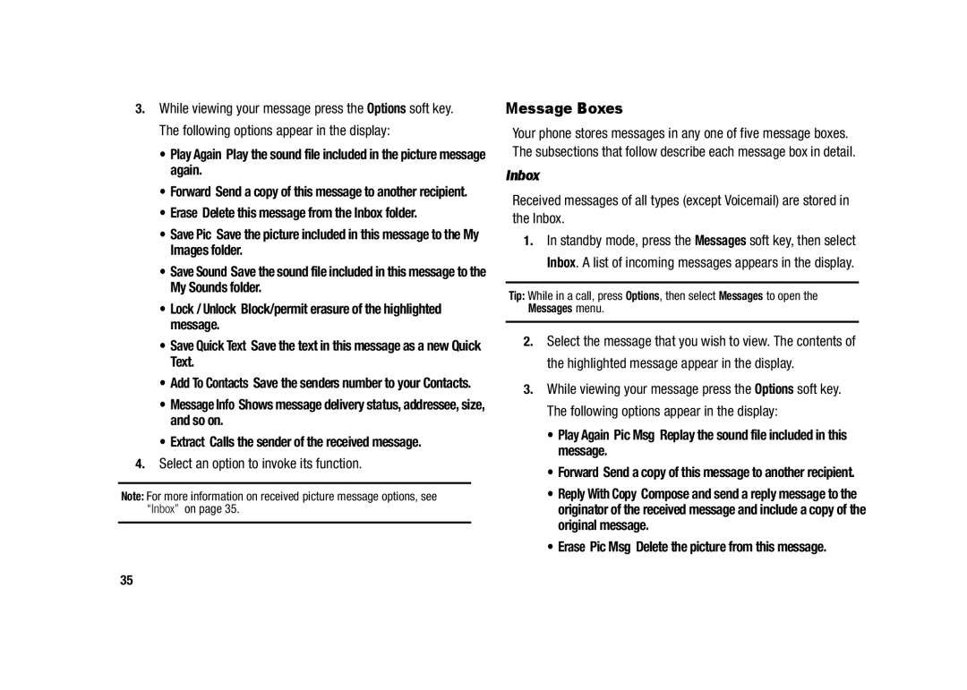 Samsung GH68-23902A user manual Message Boxes, Select an option to invoke its function, Inbox 