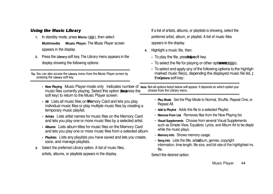 Samsung GH68-23902A user manual Using the Music Library, Memory Info Shows memory usage 