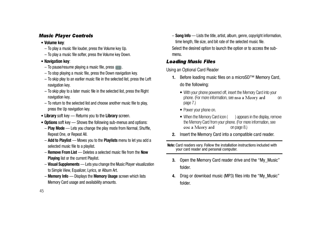 Samsung GH68-23902A Music Player Controls, Loading Music Files, Volume key, Navigation key, Using an Optional Card Reader 