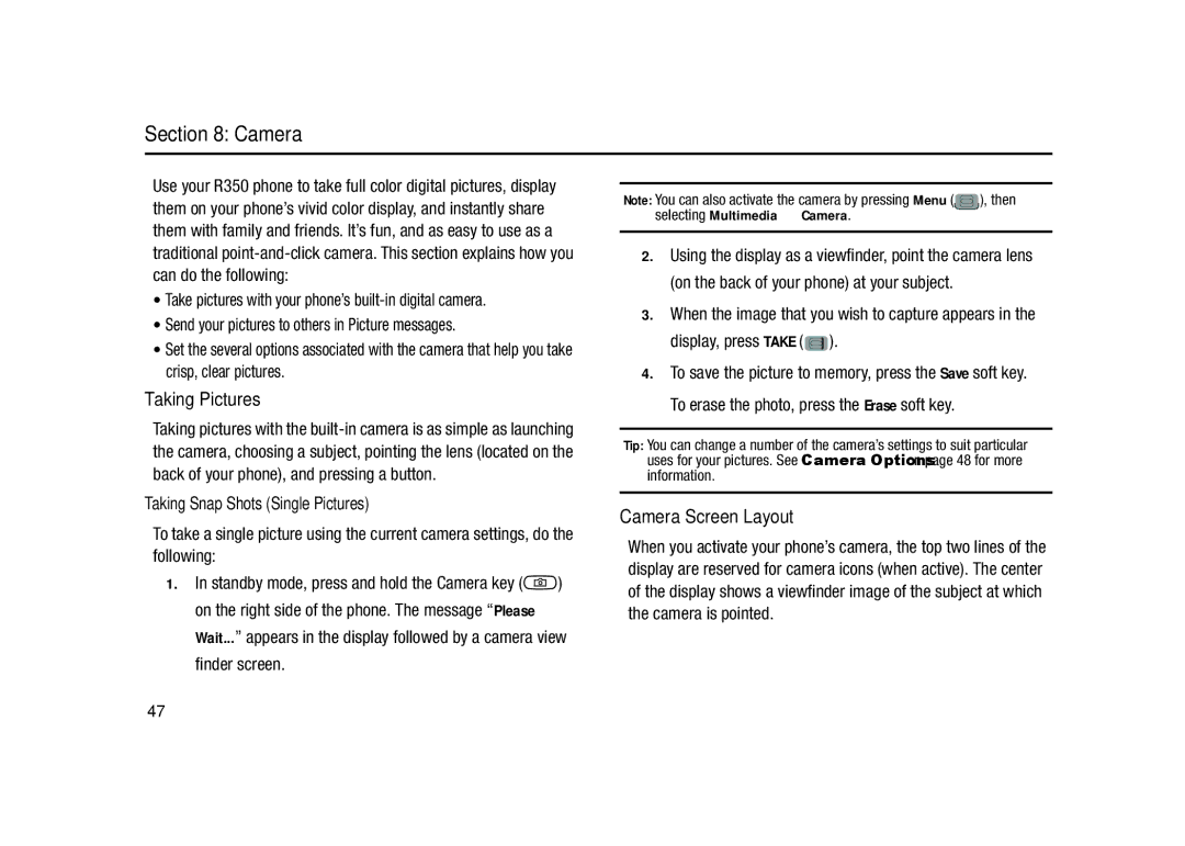 Samsung GH68-23902A user manual Taking Pictures, Camera Screen Layout, Taking Snap Shots Single Pictures 