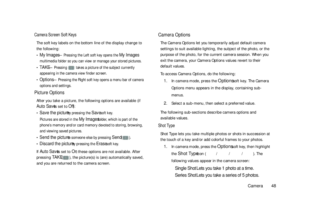 Samsung GH68-23902A user manual Picture Options, Camera Options, Camera Screen Soft Keys, Shot Type 