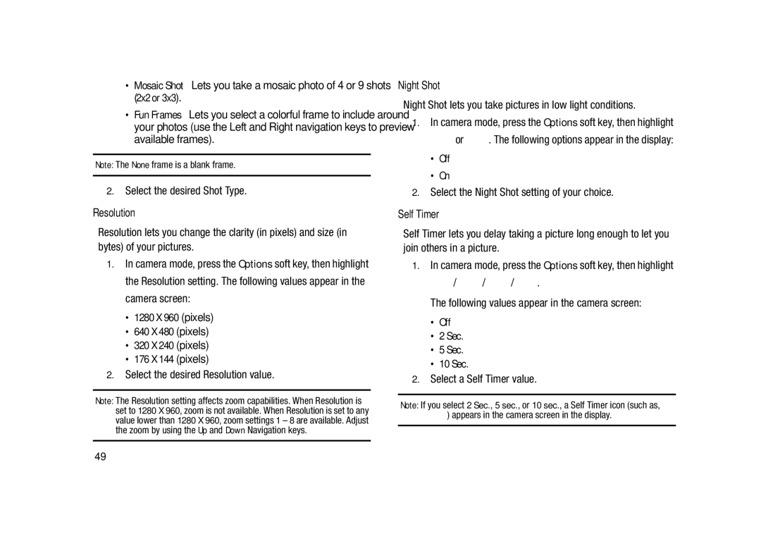 Samsung GH68-23902A user manual Resolution, Night Shot, Self Timer, Off Sec 10 Sec 