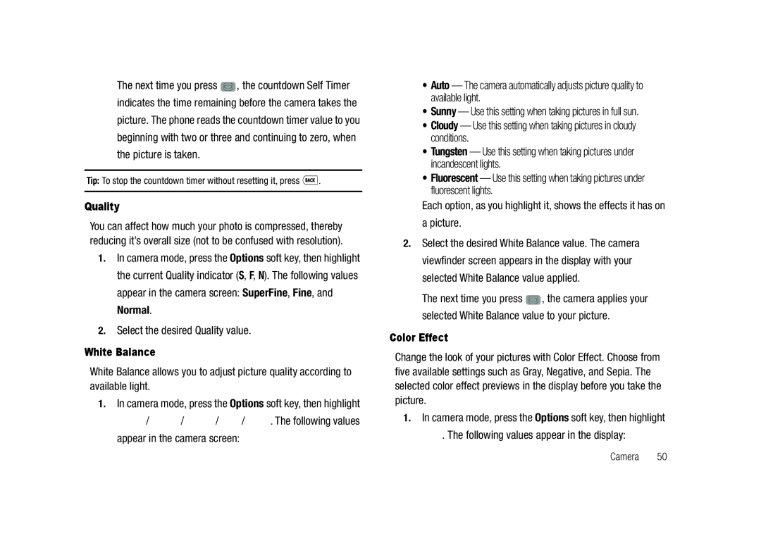 Samsung GH68-23902A user manual Quality, White Balance, Picture, Color Effect, Following values appear in the display 