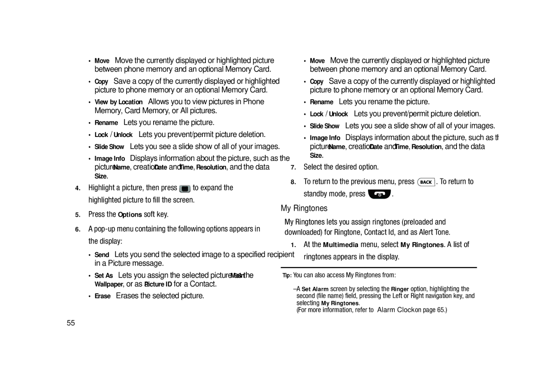 Samsung GH68-23902A user manual My Ringtones, Rename Lets you rename the picture, Erase Erases the selected picture 