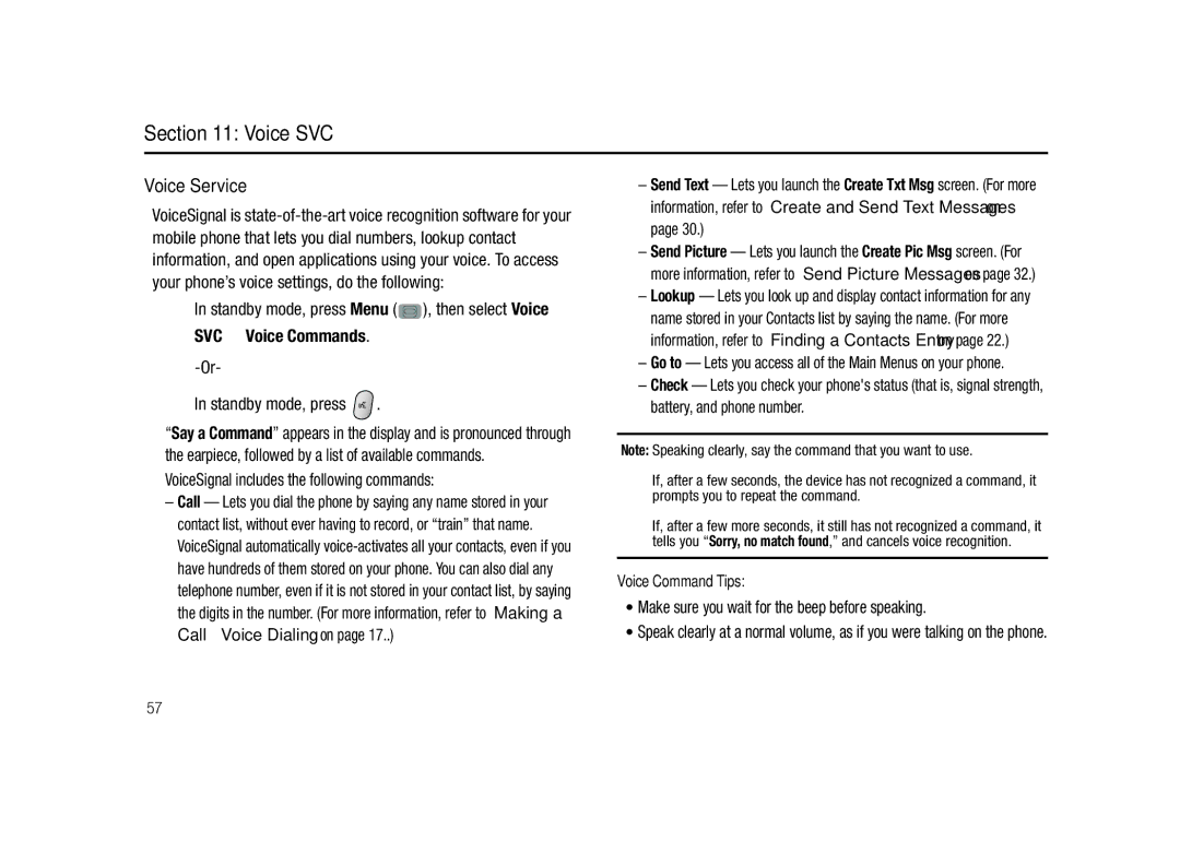 Samsung GH68-23902A user manual Voice SVC, Voice Service, VoiceSignal includes the following commands, Voice Command Tips 