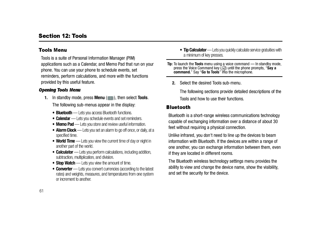 Samsung GH68-23902A user manual Bluetooth, Opening Tools Menu 