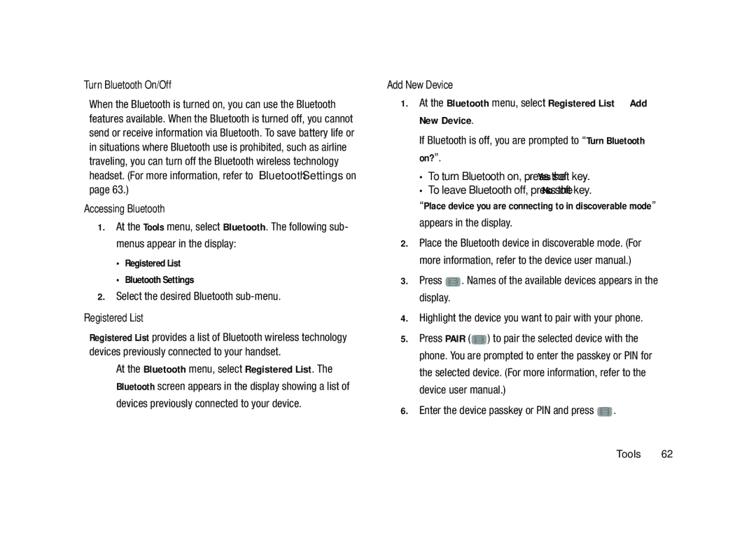 Samsung GH68-23902A Turn Bluetooth On/Off, Accessing Bluetooth, Registered List Bluetooth Settings, Add New Device 