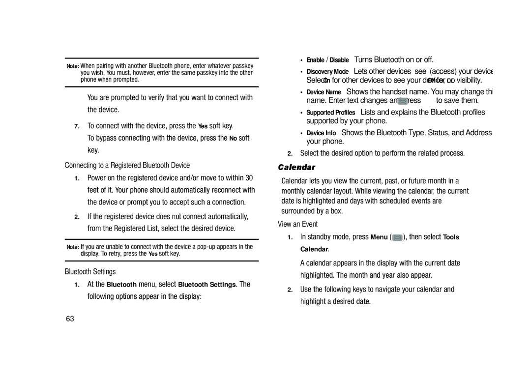 Samsung GH68-23902A user manual Calendar, Connecting to a Registered Bluetooth Device, Bluetooth Settings, View an Event 