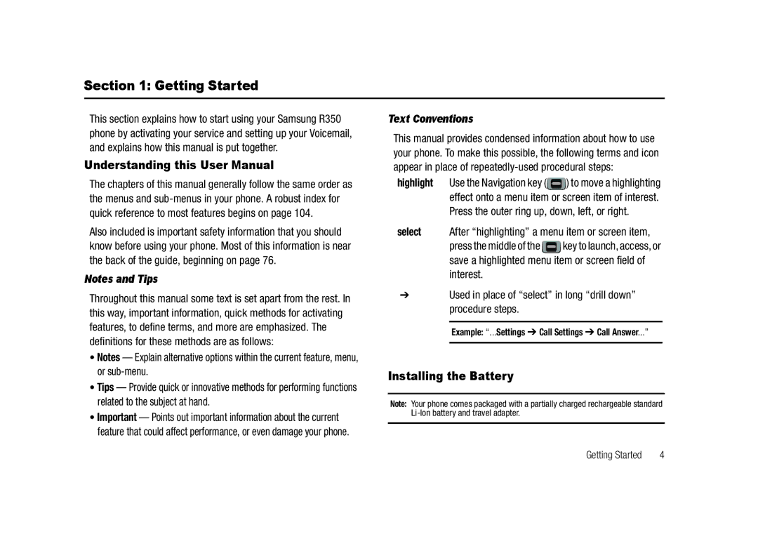 Samsung GH68-23902A user manual Getting Started, Installing the Battery, Text Conventions 