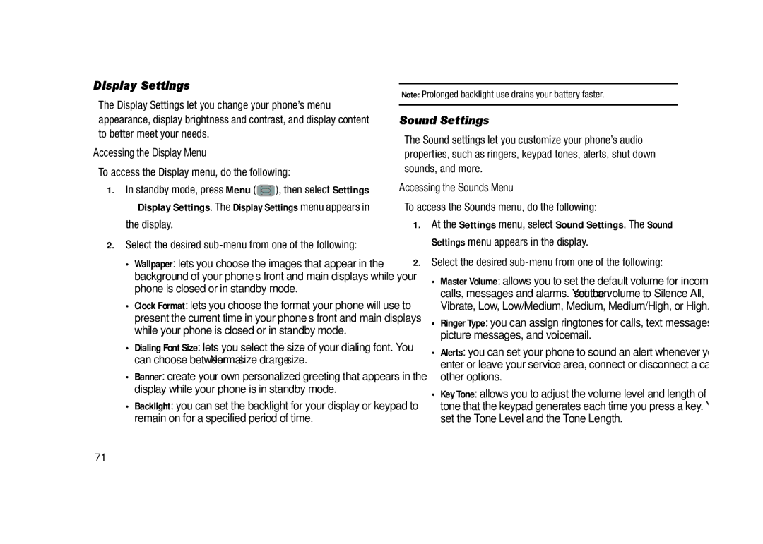 Samsung GH68-23902A user manual Display Settings, Sound Settings, Accessing the Display Menu, Accessing the Sounds Menu 