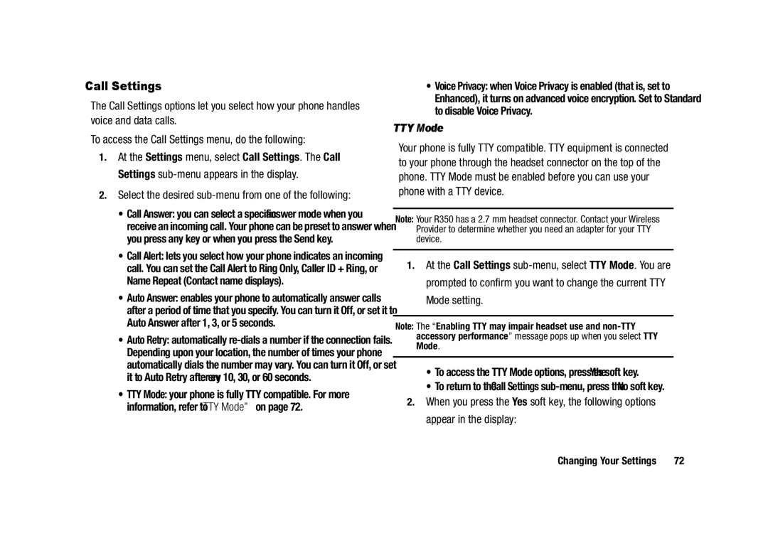 Samsung GH68-23902A user manual Call Settings, To access the TTY Mode options, press the Yes soft key 