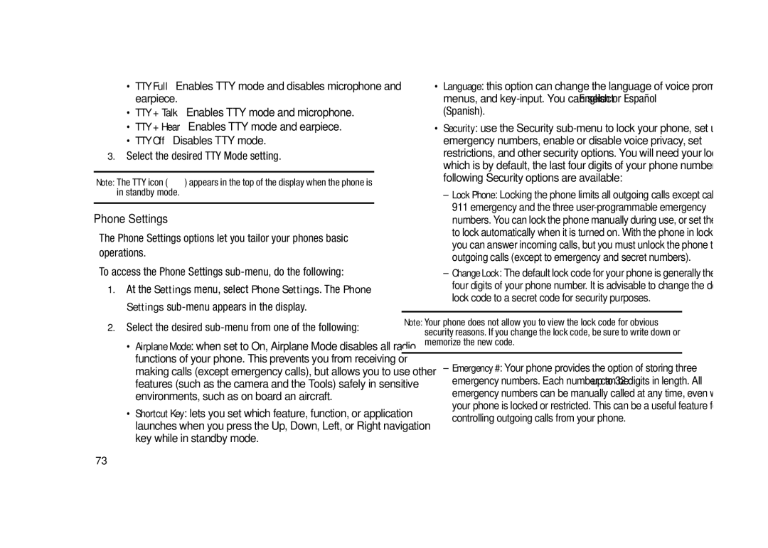 Samsung GH68-23902A user manual Phone Settings, TTY + Talk Enables TTY mode and microphone 