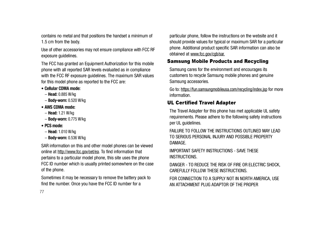 Samsung GH68-23902A user manual Samsung Mobile Products and Recycling, UL Certified Travel Adapter 