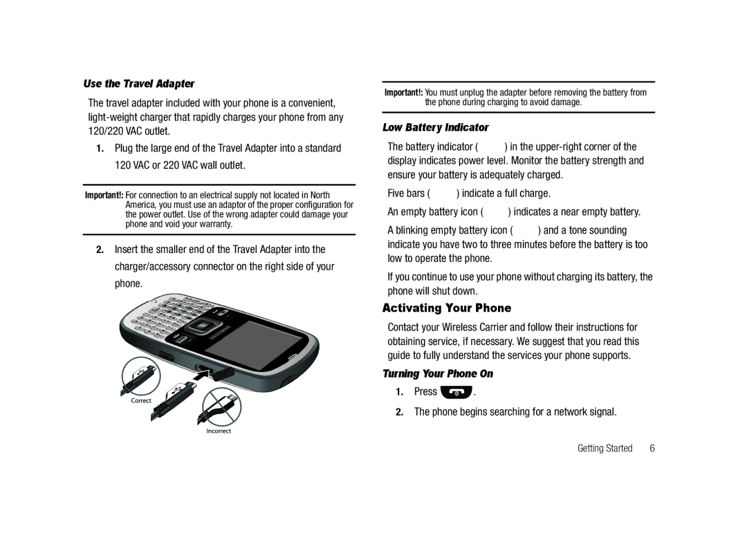 Samsung GH68-23902A user manual Activating Your Phone, Use the Travel Adapter, Low Battery Indicator, Turning Your Phone On 