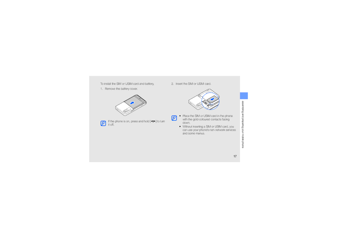 Samsung GH68-24051A manual To install the SIM or Usim card and battery 