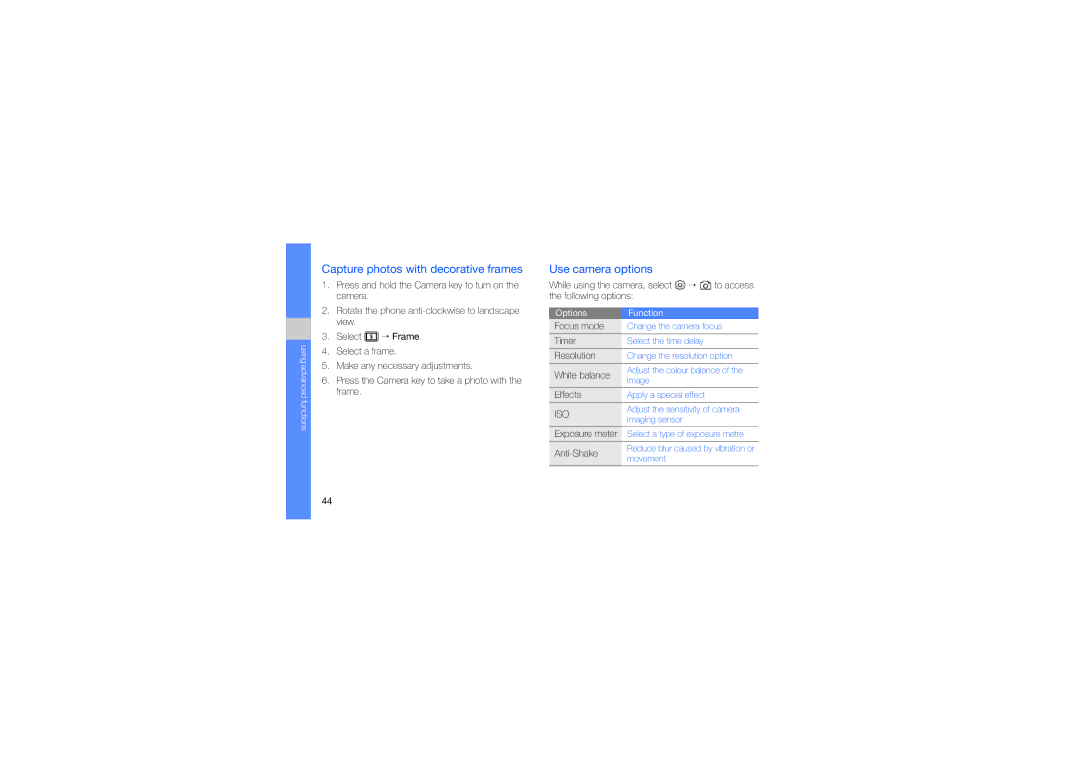 Samsung GH68-24051A manual Capture photos with decorative frames, Use camera options 