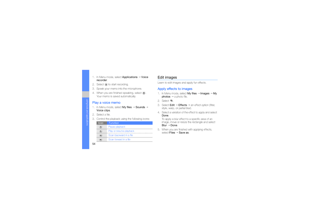 Samsung GH68-24051A manual Edit images, Play a voice memo, Apply effects to images 