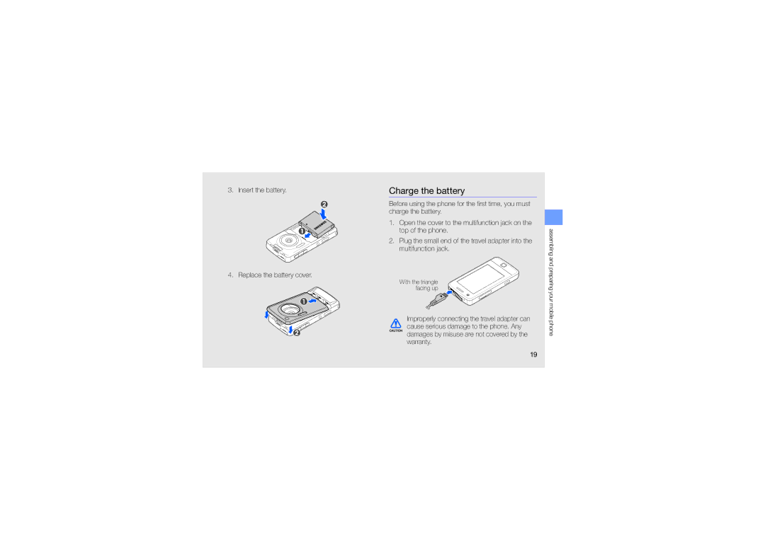 Samsung GH68-24684A manual Charge the battery, Insert the battery Replace the battery cover 