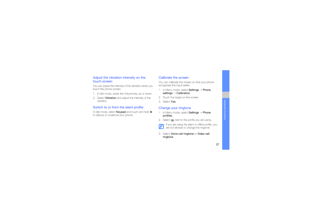 Samsung GH68-24684A manual Adjust the vibration intensity on the touch screen, Switch to or from the silent profile 