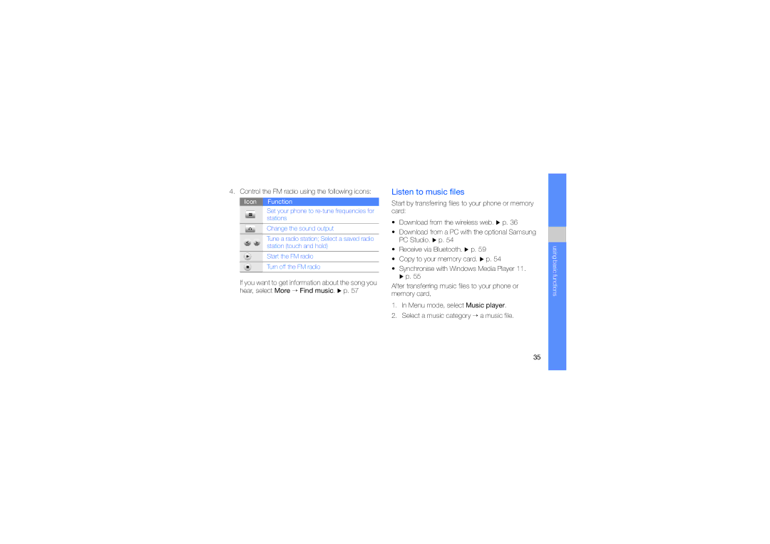 Samsung GH68-24684A manual Listen to music files, Control the FM radio using the following icons 