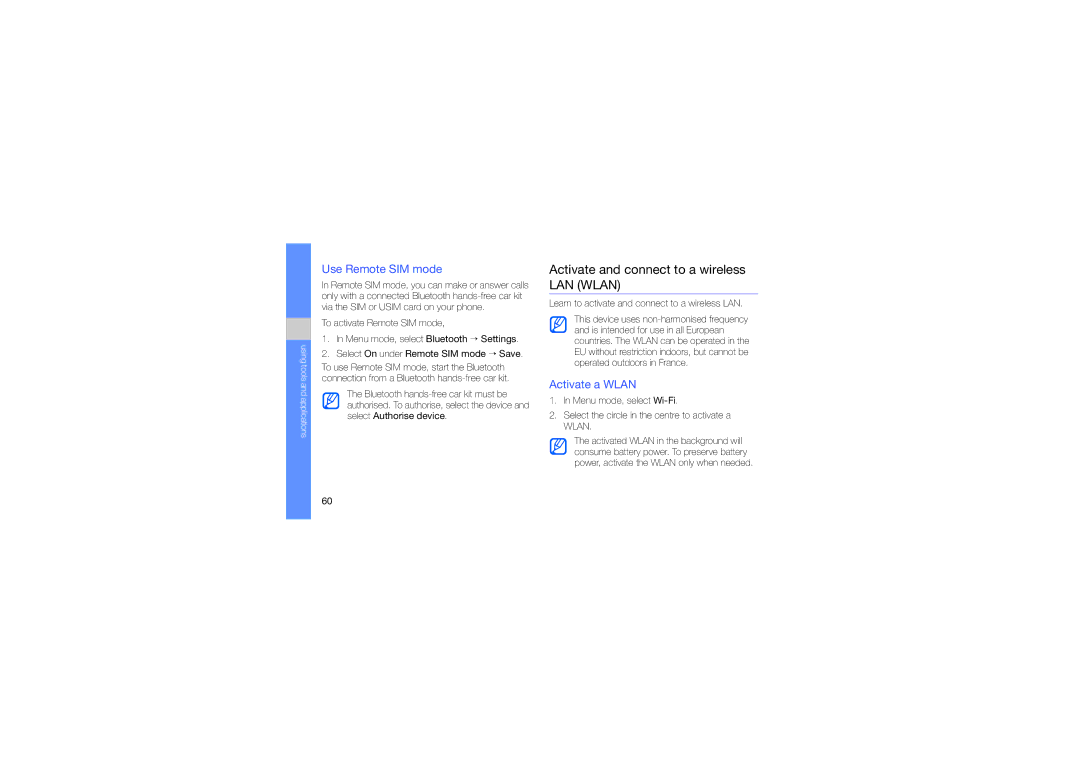 Samsung GH68-24684A manual Activate and connect to a wireless LAN Wlan, Use Remote SIM mode, Activate a Wlan 