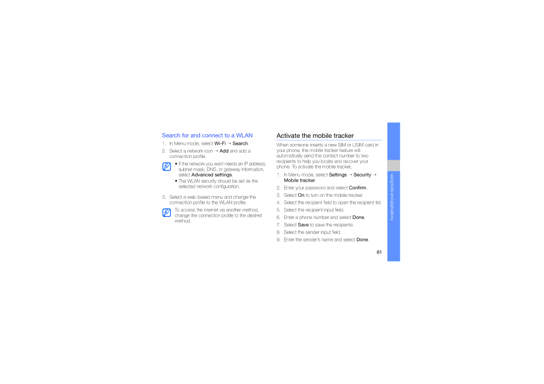 Samsung GH68-24684A manual Activate the mobile tracker, Search for and connect to a Wlan 