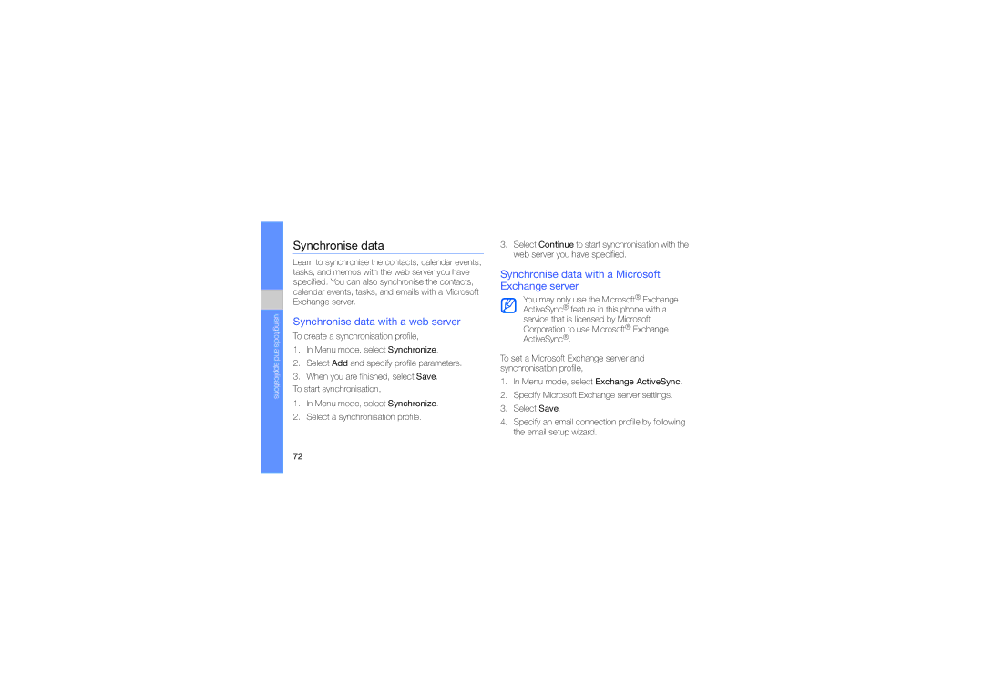 Samsung GH68-24684A manual Synchronise data with a web server, Synchronise data with a Microsoft Exchange server 