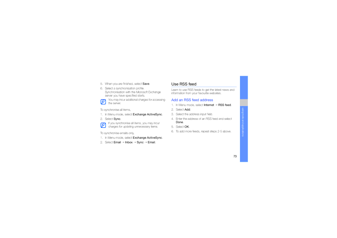 Samsung GH68-24684A manual Use RSS feed, Add an RSS feed address 