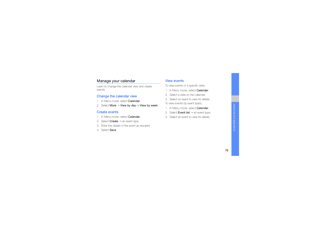 Samsung GH68-24684A manual Manage your calendar, Change the calendar view, Create events, View events 