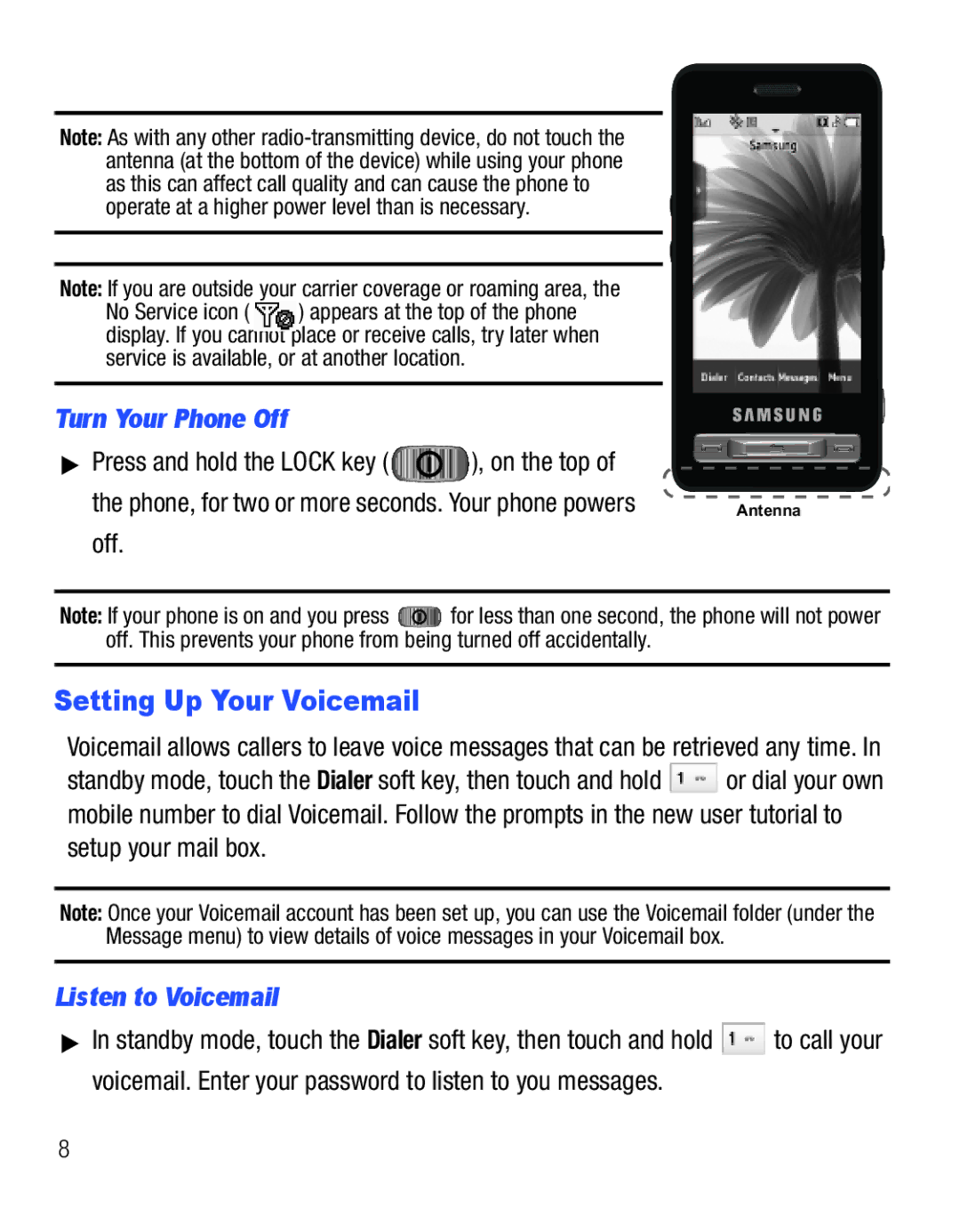 Samsung GH68-25119A user manual Setting Up Your Voicemail, Turn Your Phone Off, Press and hold the Lock key On the top 